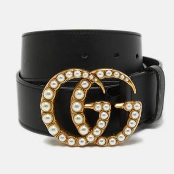 Pre Owned Gucci Black Leather Double G Pearl Embellished Buckle Belt 80CM