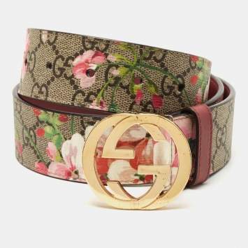 Pre Owned Gucci Beige/Pink GG Supreme Blooms Print Canvas Interlocking G Buckle Belt 75CM