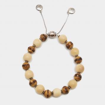 Pre Owned Gucci Bamboo Wood and Tagua Beads Sterling Silver Adjustable Bracelet Size 16