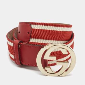 Pre Owned Gucci Red Web Canvas and Leather Interlocking G Belt 90CM