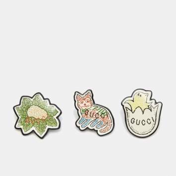 Pre Owned Gucci Resin Cat Chick & Cabbage Lapel Pin Set of 3