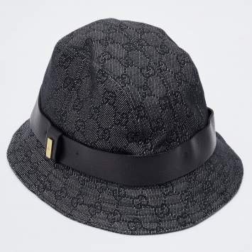 Pre Owned Gucci Dark Grey Logo Jacquard Leather Trim Bucket Hat L