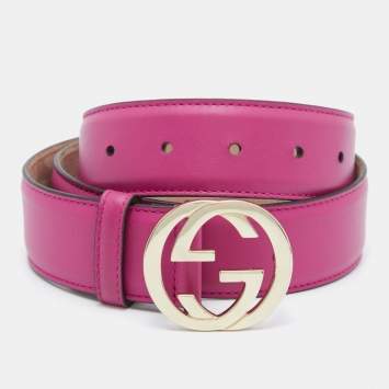 Pre Owned Gucci Pink Leather Interlocking G Buckle Belt 80CM