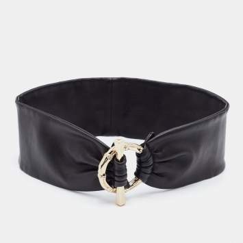 Pre Owned Gucci Black Leather Bamboo Accent Wide Waist Belt Size 65