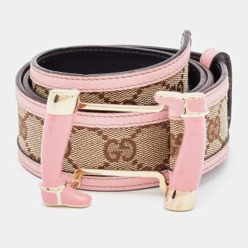 Pre Owned Gucci Beige/Pink GG Canvas and Leather Interlocking G Buckle Belt 85CM