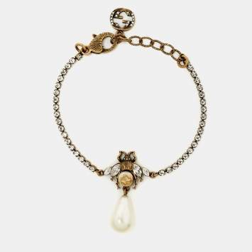 Pre Owned Gucci Bee Crystal Faux Pearl Gold Tone Bracelet