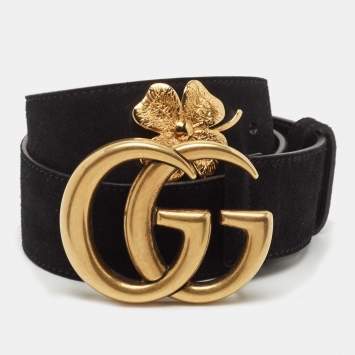 Pre Owned Gucci Black Suede Leaf Clover Interlocking G Belt 75CM