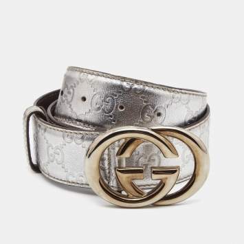 Pre Owned Gucci Silver Guccissima Leather Interlocking G Buckle Belt 85CM