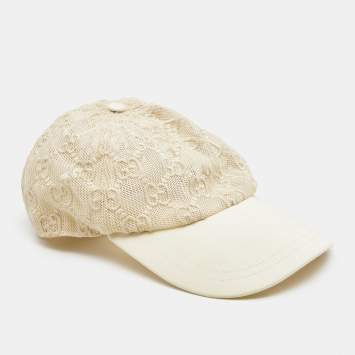 Pre Owned Gucci Cream GG Embroidered Mesh Cap L