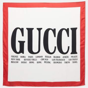 Pre Owned Gucci Ivory/Red Cities Print Silk Scarf