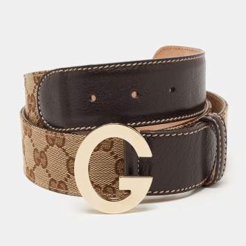 Pre Owned Gucci Beige/Brown GG Canvas and Leather G Buckle Belt 85CM
