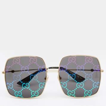 Pre Owned Gucci Guccify Gold Tone/Grey GG0414S Monogram Detail Square Sunglasses