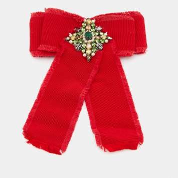 Pre Owned Gucci Red Fabric Embellished Detail Bow Brooch