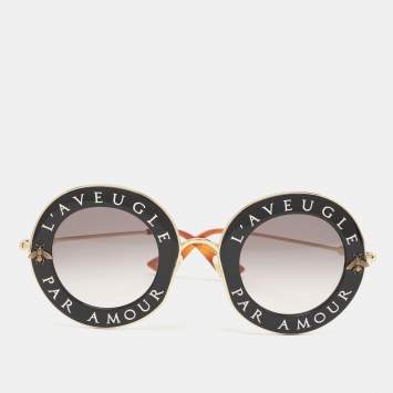 Pre Owned Gucci Gold Tone/Grey Gradient GG0113S L'aveugle Par Amour Round Sunglasses 