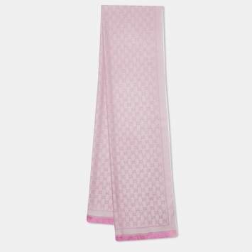 Pre Owned Gucci Rose and Ivory Guccissima Wool Jacquard Fringed Outlet Shawl