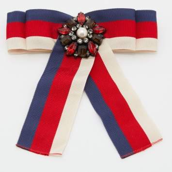 Pre Owned Gucci White, Blue & Red Web Crystal Grosgrain Bow Brooch