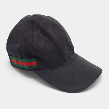 Pre Owned Gucci Black Logo Monogram Web Stripe Detail Canvas Baseball Cap L