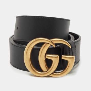 Pre Owned Gucci Black Leather Double G Buckle Belt 90CM