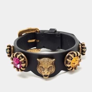 Pre Owned Gucci Feline Crystals Gold Tone Leather Bracelet