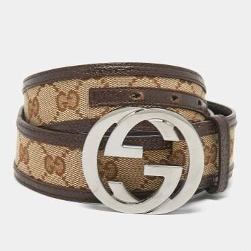 Pre Owned Gucci Beige/Brown GG Canvas and Leather Interlocking G Buckle Belt 95CM