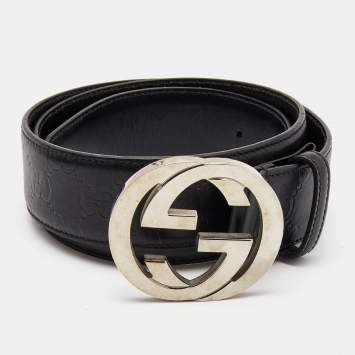 Pre Owned Gucci Black Guccissima Leather Interlocking GG Buckle Belt 90CM