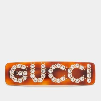 Pre Owned Gucci Brown Acetate & Crystal Embellished Hair Clip