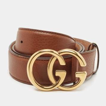 Pre Owned Gucci Brown Leather Double G Buckle Belt 95CM