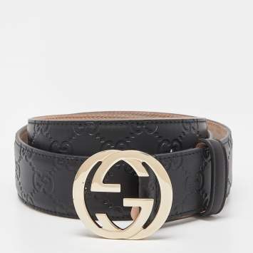 Pre Owned Gucci Black Guccissima Leather Interlocking G Buckle Belt 85 CM