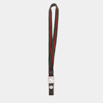 Pre Owned Gucci Green/Red Web Canvas and Leather Interlocking G Lanyard Keychain