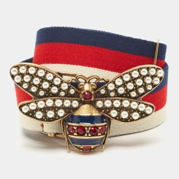 Pre Owned Gucci Tri Color Fabric Web Queen Margaret Bee Buckle Waist Belt 75CM