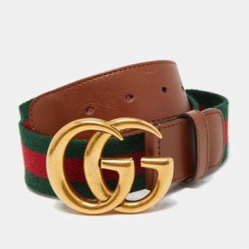 Pre Owned Gucci Black Web Fabric and Leather Interlocking GG Buckle Belt 80CM