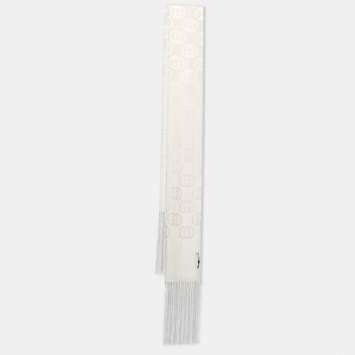 Pre Owned Gucci Ivory GG Pattern Silk Fringed Stole