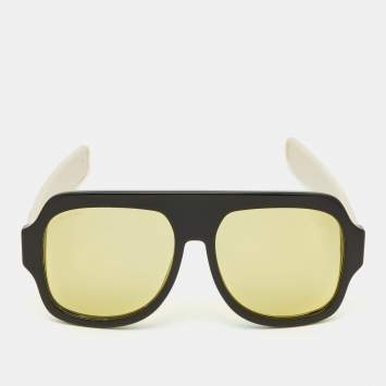 Pre Owned Gucci Black Webstripe/Yellow GG0256S Rectangle Sunglasses