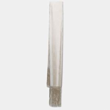 Pre Owned Gucci Ivory Patterned Silk Fringed Stole