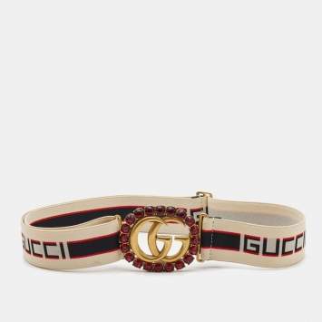 Pre Owned Gucci Red/Off White Logo Elastic Band Double G Crystals Belt 95CM