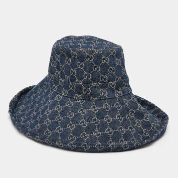 Pre Owned Gucci Navy Blue Monogram Denim Wide Brim Bucket Hat M