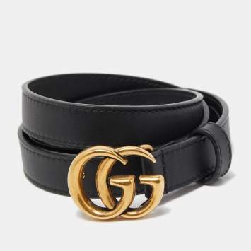 Pre Owned Gucci Black Leather GG Marmont Slim Buckle Belt 70CM
