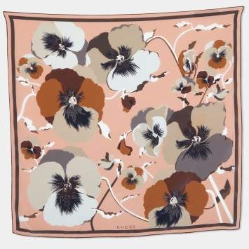 Pre Owned Gucci Brown Floral Printed Silk Square Scarf