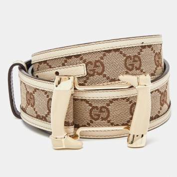 Pre Owned Gucci Beige GG Canvas and Leather Buckle Belt 80CM