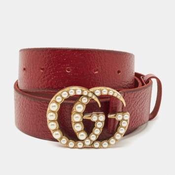 Pre Owned Gucci Red Leather Faux Pearls Double G Buckle Belt 80CM