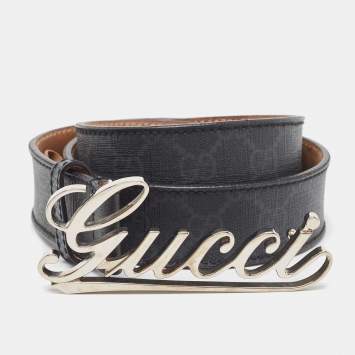 Pre Owned Gucci Black GG Supreme Canvas and Leather Logo Belt 95CM