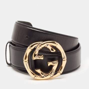 Pre Owned Gucci Black Leather Metal Bamboo Interlocking G Belt 80CM
