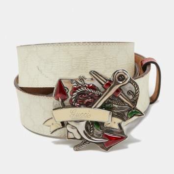 Pre Owned Gucci White/Red GG Supreme Canvas and Leather Anchor Buckle Belt 90 CM