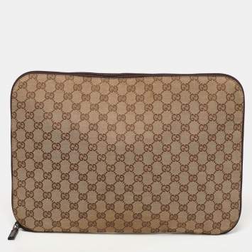 Pre Owned حقيبة لابتوب غوتشي شعار متشابك كانف اس سوبريم GG بنية/ بيج
