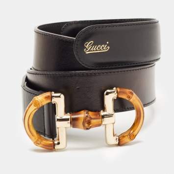 Pre Owned Gucci Black Leather Bamboo Horsebit Buckle Belt 90CM