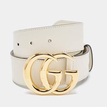 Pre Owned Gucci Off White Leather GG Marmont Buckle Belt 65CM