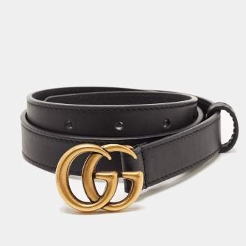 Pre Owned Gucci Black Leather GG Marmont Slim Belt 65CM