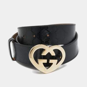 Pre Owned Gucci Black GG Imprime Canvas Lovely Heart Buckle Belt 100 CM
