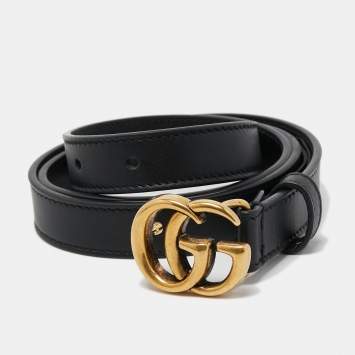 Pre Owned Gucci Black Leather Double G Buckle Slim Belt 80 CM