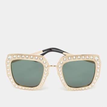 Pre Owned Gucci Gold/Black Crystals Square Oversized Sunglasses